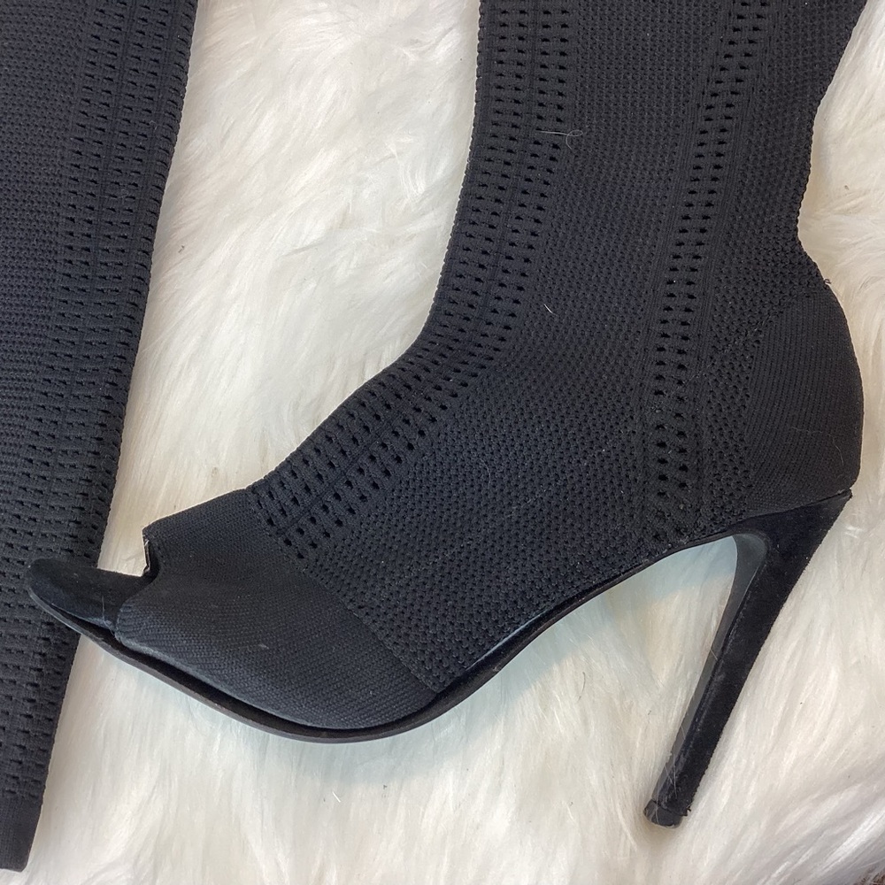 CAPE ROBBIN ELNORA THIGH HIGH STILETTO OPEN TOE BLACK WOVEN BOOTS SZ 8.5 - Picture 3 of 8